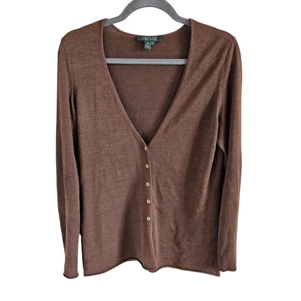 Lauren Ralph Lauren Brown 100% Silk V-Neck Button Front Cardigan Sweater Large